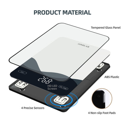 AIMILAR Digital Kitchen Scale 22lb/10kg USB-C Rechargeable, Tempered Glass Top Easy Clean, LED Touch Screen No Buttons, Auto Shut Off - Available at All In One Marketplace Canada