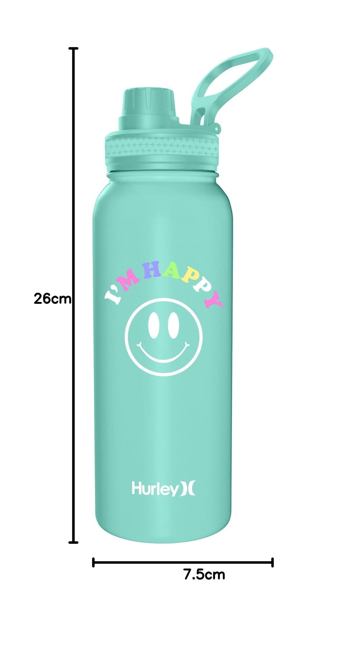 Hurley 32 Oz Reusable Water Bottle with Chug Cap Stainless Steel Sports Bottle "I'M HAPPY" Design with Handle on Lid, Mint
