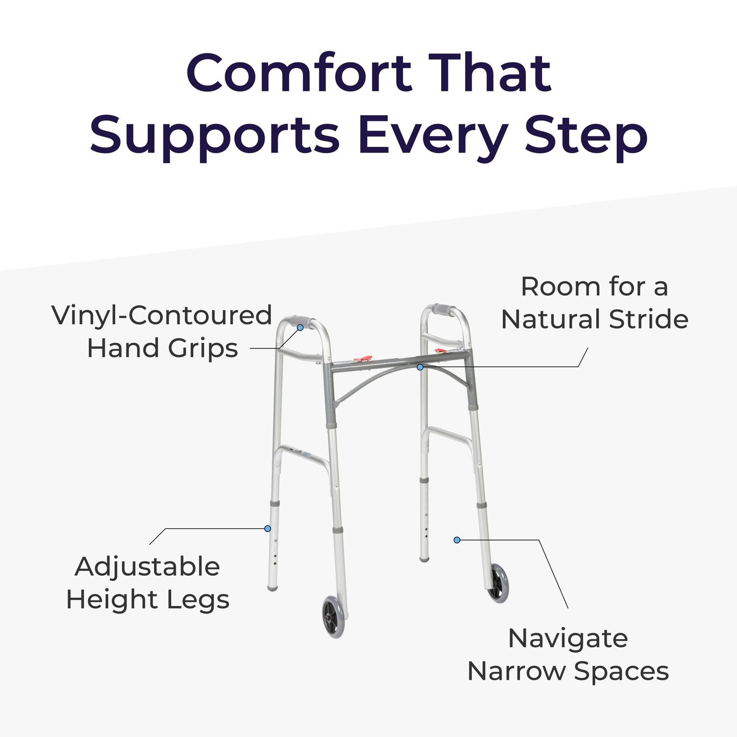 Drive Medical Two-Button Folding Walker w/ Wheels - Lightweight Rolling Mobility Support - Desk Arms - Adjustable Height - Dual Push-Button Operation - 5 Inch Front Wheels - Durable Aluminum - Silver Drive Medical
