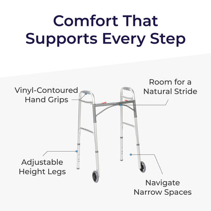 Drive Medical Two-Button Folding Walker w/ Wheels - Lightweight Rolling Mobility Support - Desk Arms - Adjustable Height - Dual Push-Button Operation - 5 Inch Front Wheels - Durable Aluminum - Silver Drive Medical