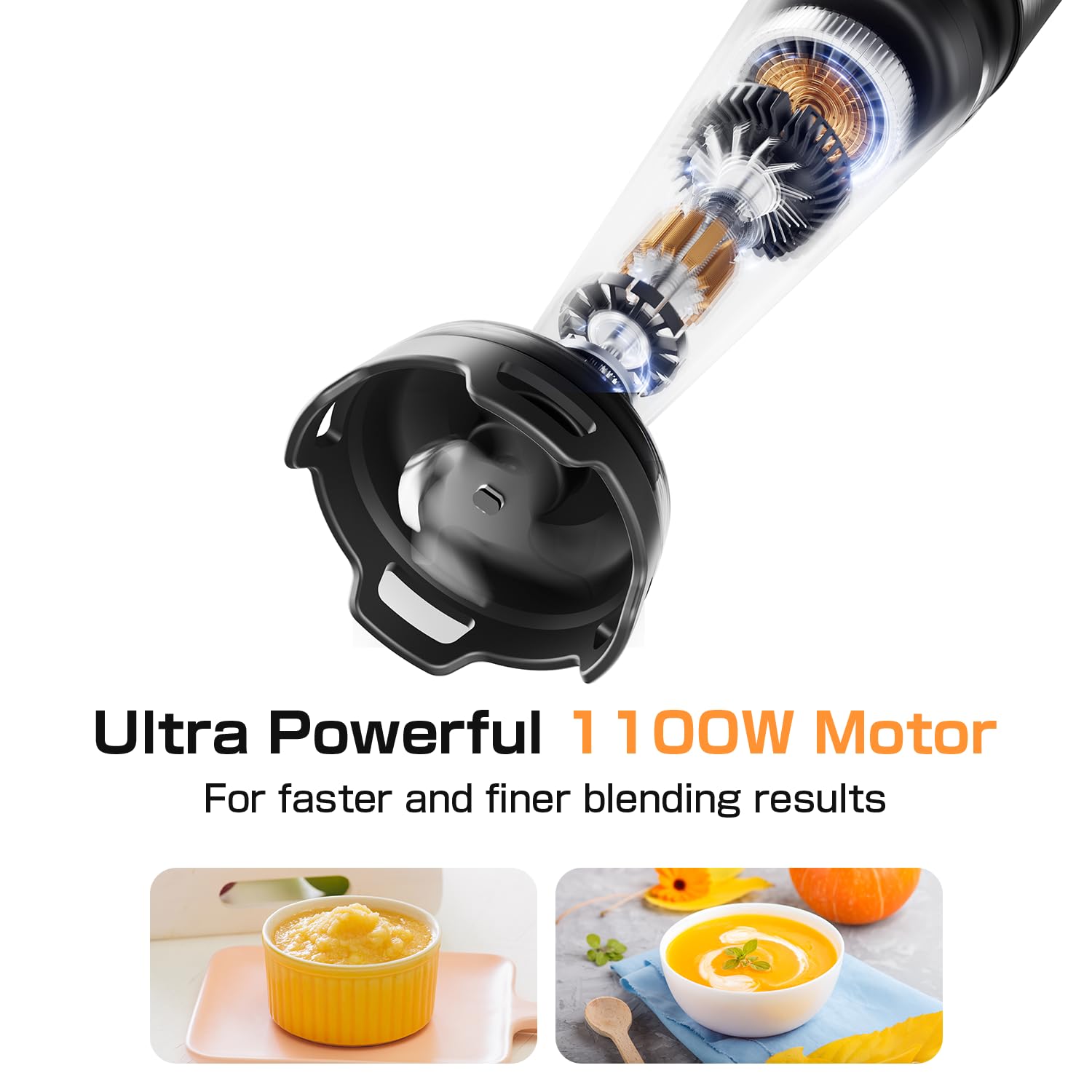 Immersion Blender Handheld 1100W - 3 in 1 Hand Blenders Set with Trigger Speed Control Stainless Steel Emulsion Stick with Whisk and Milk Frother, Emulsifier for Kitchen for Soup, Smoothie, Puree