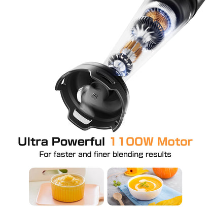 Immersion Blender Handheld 1100W - 3 in 1 Hand Blenders Set with Trigger Speed Control Stainless Steel Emulsion Stick with Whisk and Milk Frother, Emulsifier for Kitchen for Soup, Smoothie, Puree