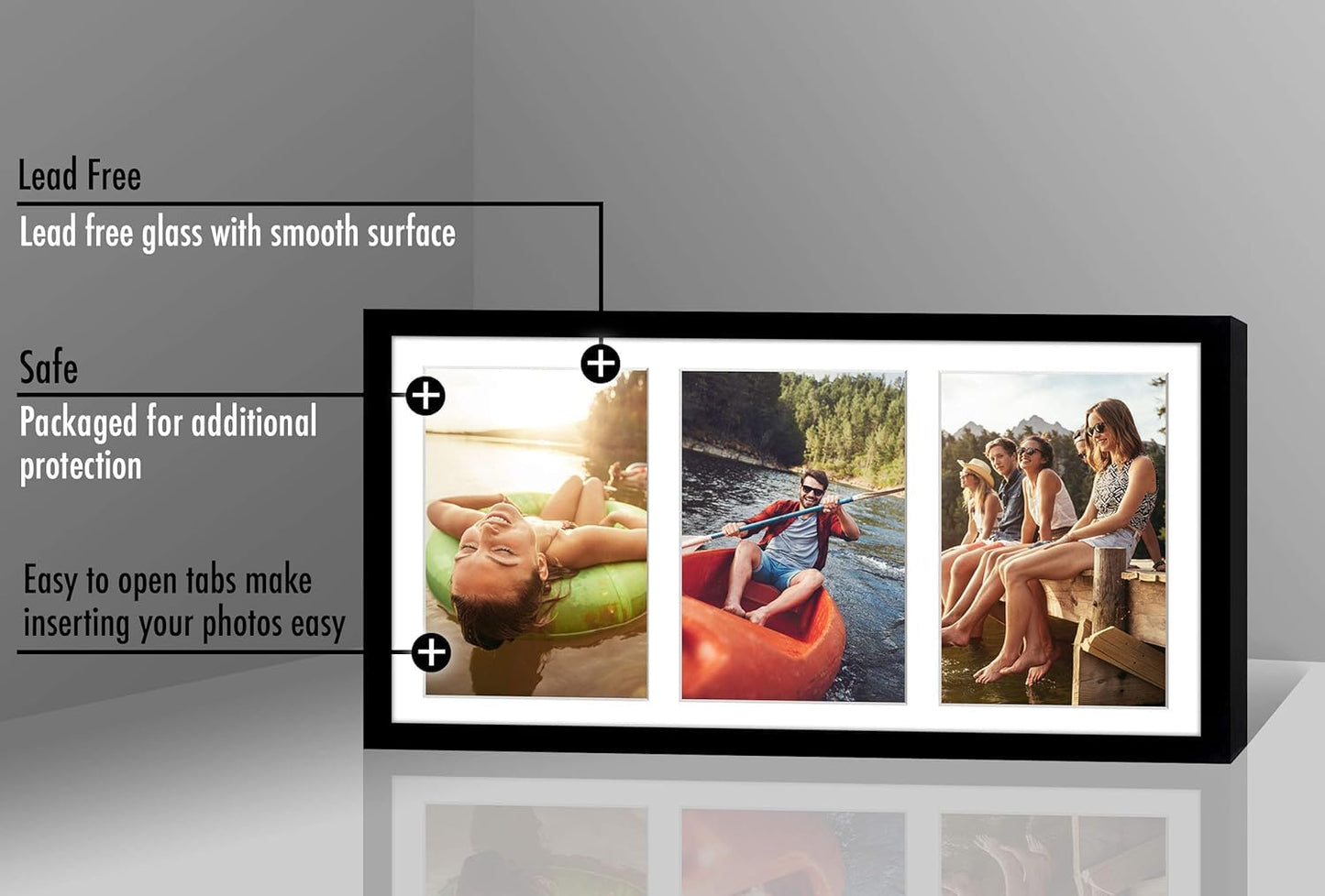 Americanflat 5x7 Picture Frame Collage with Shatter-Resistant Glass - Fits Three 5x7 Photos or Use as One 8x16 Frame - Signature Collection - Collage Frames for Tabletop and Wall Display - Black Americanflat