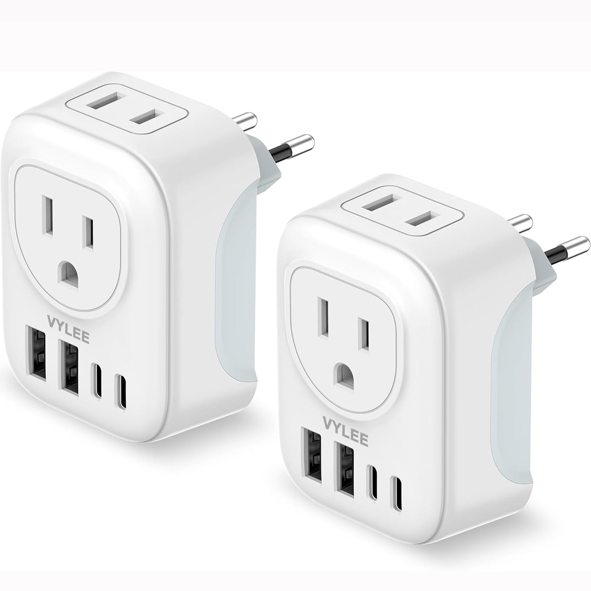 2 Pack European Travel Plug Adapter, VYLEE International Travel Adapter with 2 Outlets 4 USB Ports(2 USB C), 6 in 1 Type C Travel Essentials Charger for US to Most of Europe EU Italy Spain France - Available at All In One Marketplace Canada
