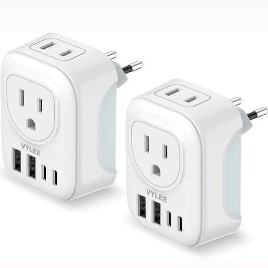 2 Pack European Travel Plug Adapter, VYLEE International Travel Adapter with 2 Outlets 4 USB Ports(2 USB C), 6 in 1 Type C Travel Essentials Charger for US to Most of Europe EU Italy Spain France - Available at All In One Marketplace Canada