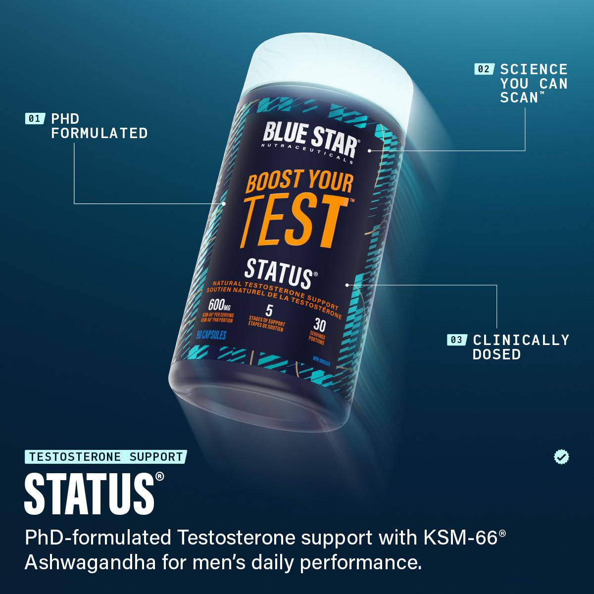 Blue Star Nutraceuticals Status - Natural Testosterone Support, Helps Increase Testosterone Levels & Muscle Strength, Clinically Researched Ingredients, 90 Veggie Caps, 30 Day Supply (NPN 80083809) - Available at All In One Marketplace Canada