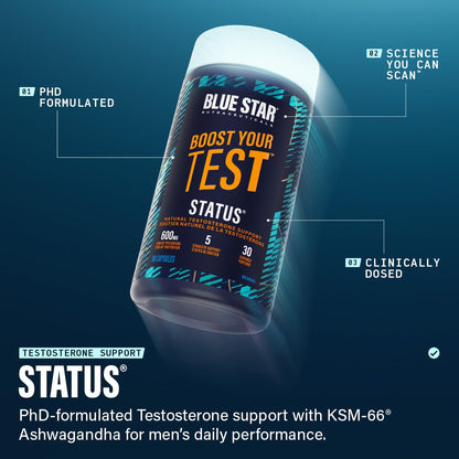 Blue Star Nutraceuticals Status - Natural Testosterone Support, Helps Increase Testosterone Levels & Muscle Strength, Clinically Researched Ingredients, 90 Veggie Caps, 30 Day Supply (NPN 80083809) - Available at All In One Marketplace Canada