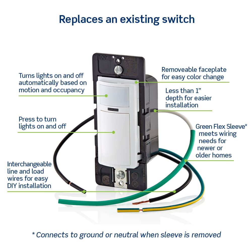 Leviton Decora Motion Sensor Light Switch, Motion Activated, Auto-On/Auto-Off, 2A, No Neutral Wire Required, Single Pole, DOS02-0LW, White