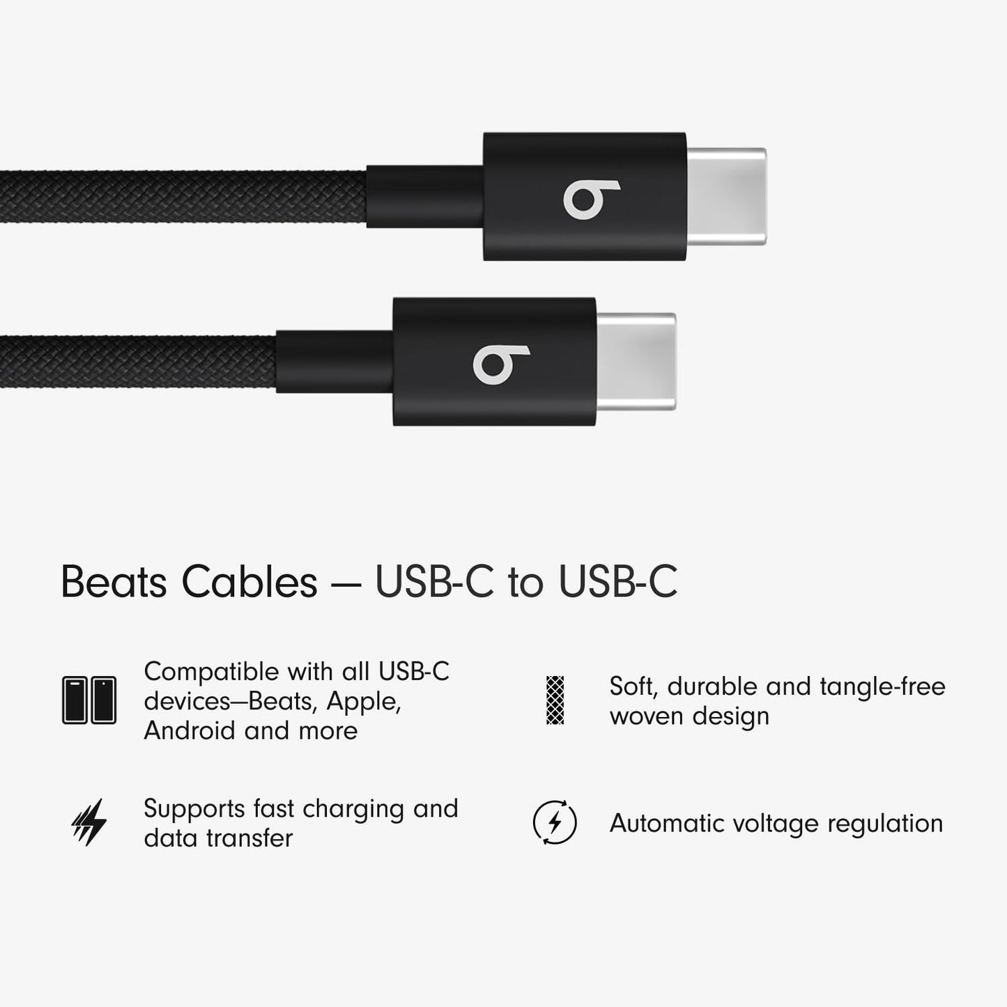 Beats USB-C to USB-C Woven Cable Fast Charging Durable/Tangle-Free Compatible Charger for Apple & Android Devices (1.5 m) - Bolt Black