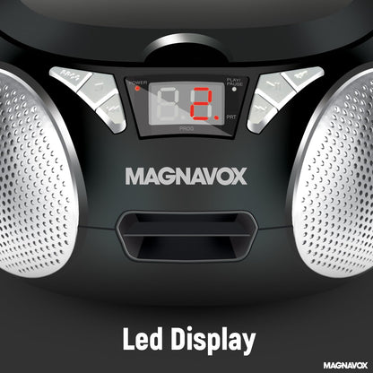 Magnavox MD6924 Portable Top Loading CD Boombox with AM/FM Stereo Radio in Black | CD-R/CD-RW Compatible | LED Display | AUX Input | Programmable CD Player | 1.6 watts of Audio