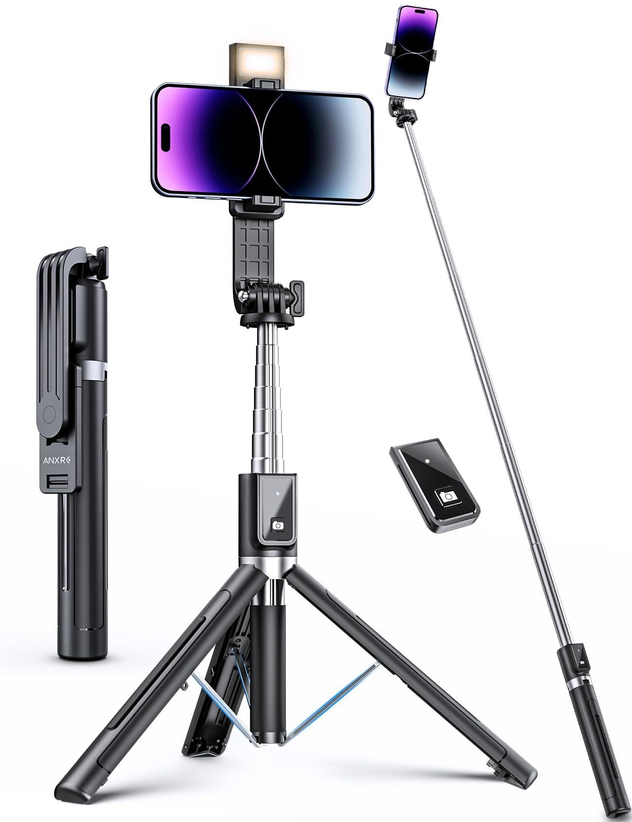ANXRE Selfie Stick Tripod with Fill Light and Stable Base, Extendable Phone Tripod with Detachable Wireless Remote, 50" Travel Stand for Cell Phone Film & Vlog Compatible with iPhone Android Gopro - Available at All In One Marketplace Canada