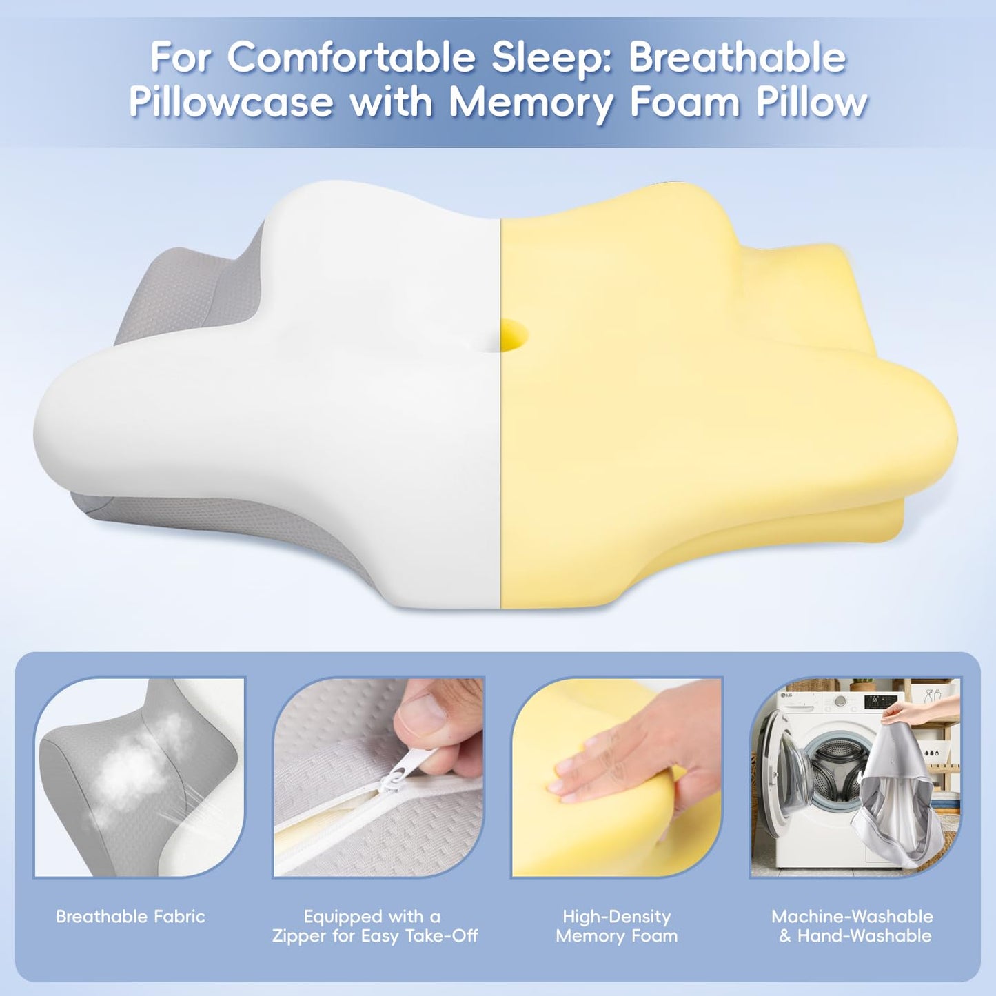 Missleep Cervical Neck Pillow,Memory Foam Pillows for Relieving Neck and Shoulder Pain, Neck Support Pillow for Side Sleepers, 2 Heights Ergonomic Pillow with Breathable Ice Silk Cover White
