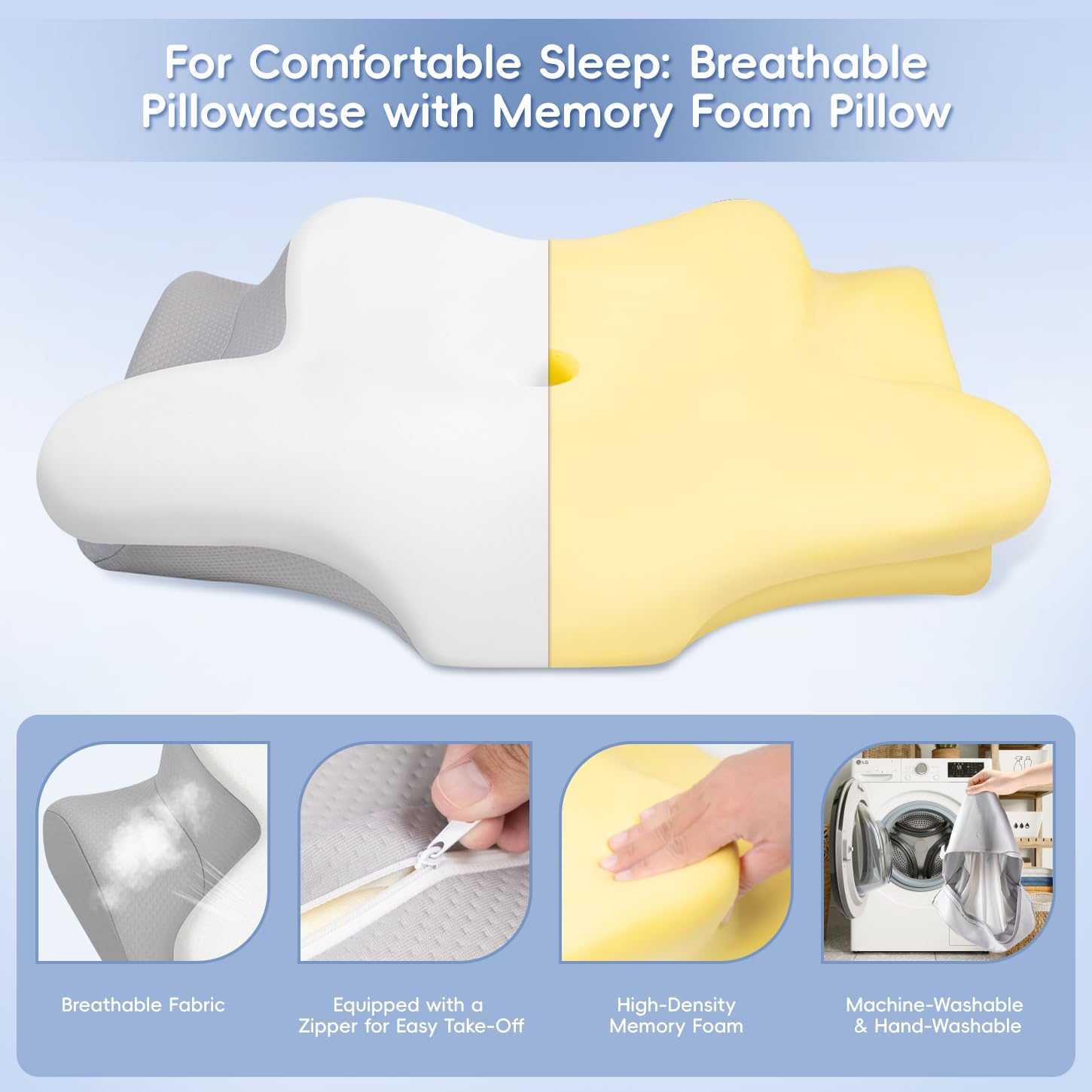 Missleep Cervical Neck Pillow,Memory Foam Pillows for Relieving Neck and Shoulder Pain, Neck Support Pillow for Side Sleepers, 2 Heights Ergonomic Pillow with Breathable Ice Silk Cover White