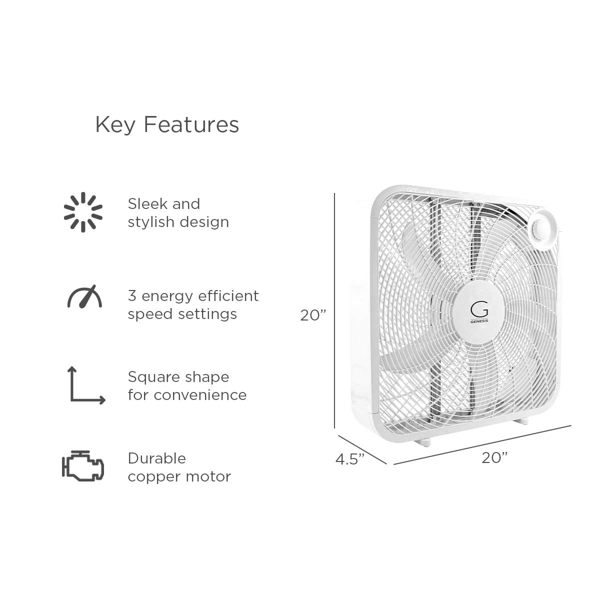 Genesis 20" Box Fan, 3 Settings, Max Cooling Technology, Carry Handle, White (G20BOX-WHT) Genesis