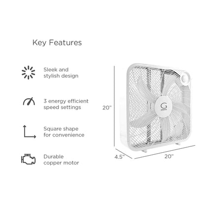 Genesis 20" Box Fan, 3 Settings, Max Cooling Technology, Carry Handle, White (G20BOX-WHT) Genesis