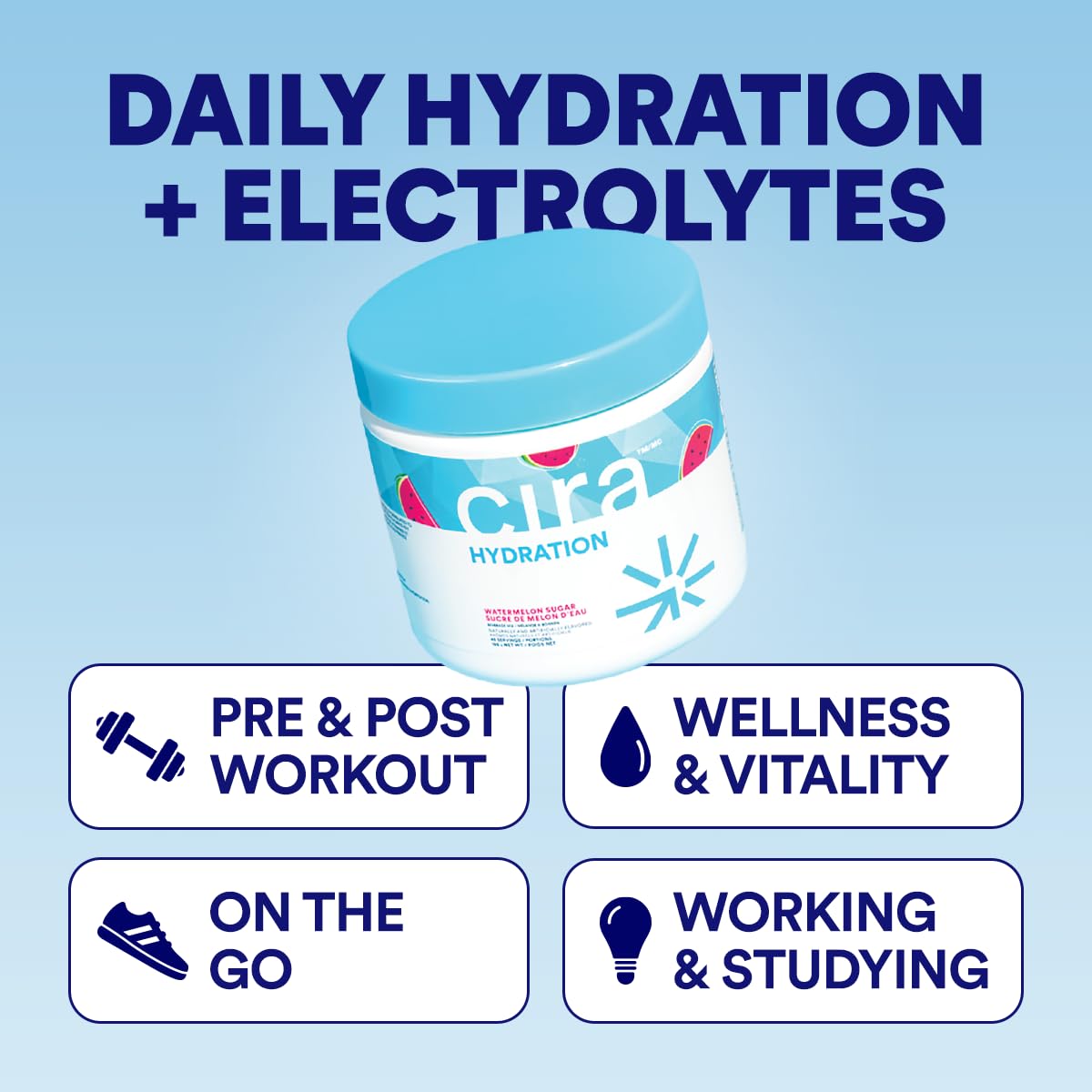 Cira Hydration Electrolytes Powder - Daily Electrolyte Powder, Sugar Free w/Himalayan Salt, Magnesium, & Potassium, Hydration Powder for Dehydration Relief & Recovery - Watermelon Sugar, 45 Servings