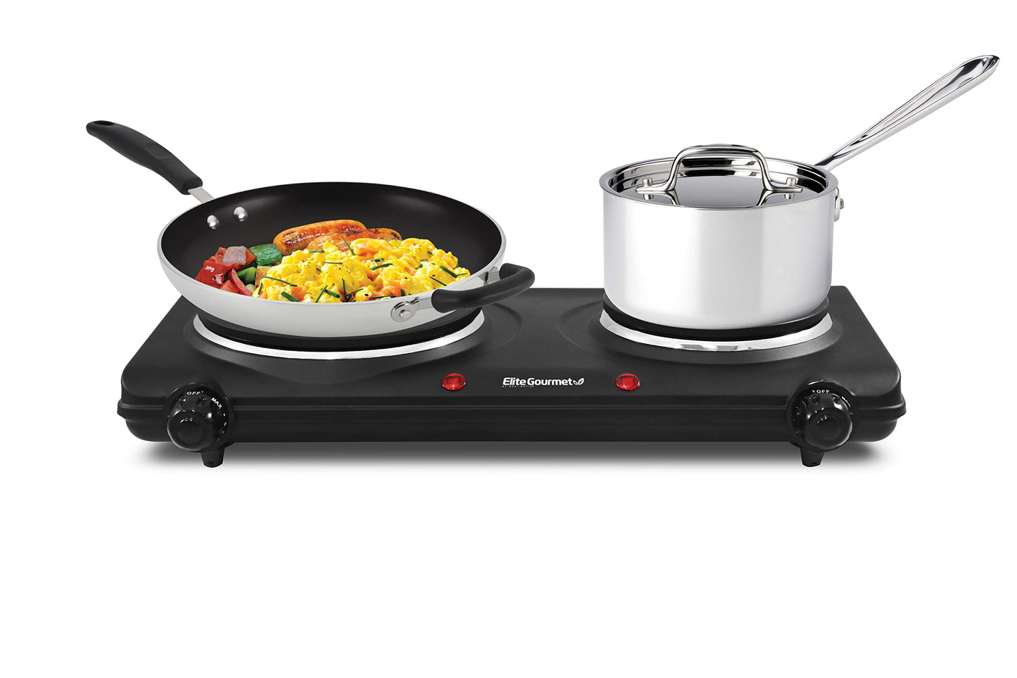 Elite Gourmet EDB-302BF Countertop Double Cast Iron Burner, 1500 Watts Electric Hot Plate, Temperature Controls, Power Indicator Lights, Easy to Clean, Black - Available at All In One Marketplace Canada