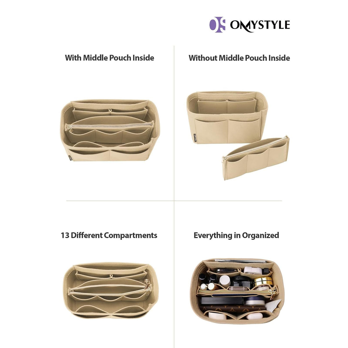 OMYSTYLE Purse Organizer Insert, Felt Tote Bag Organizer Insert with 5 Sizes, Handbag Dividers for Inside Purse, Compatible with Longchamp, Neverful, Speedy and More