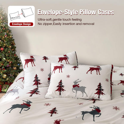Conworld Christmas Duvet Cover Queen Size Set, Soft Reversible Red Plaid Reindeer Snowflake Printed Holiday Bedding Set with Zipper Closure, Corner Ties, 2 Pillowcases, 1 Duvet Cover 90x90 inches 🍁 All In One Marketplace Canada