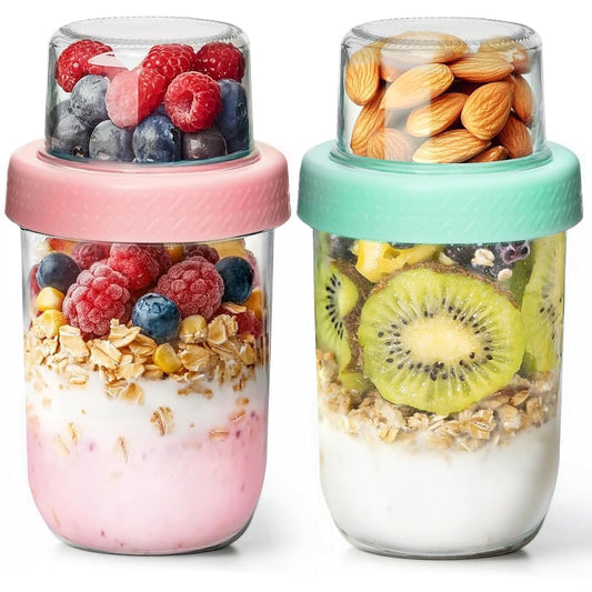 ComSaf Overnight Oats jars with Lids （16oz+4oz 2Pcs）, Dual-Laryer Chia Pudding Jars with Dry and Wet Separation, Yogurt Parfait Contianer for Oatmeal Cereal Nut Fruit, Meal Prep Glass Jars for Salad - Available at All In One Marketplace Canada