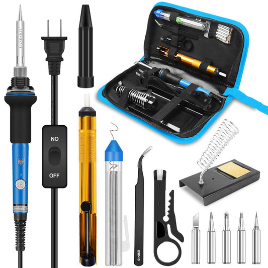 HANDSKIT Soldering Iron Kit, 60W Adjustable Temperature Welding Tool, 5pcs Soldering Iron Tip, Soldering Iron Stand, Desoldering Pump, Tweezers, Solder Wire, Carry Bag