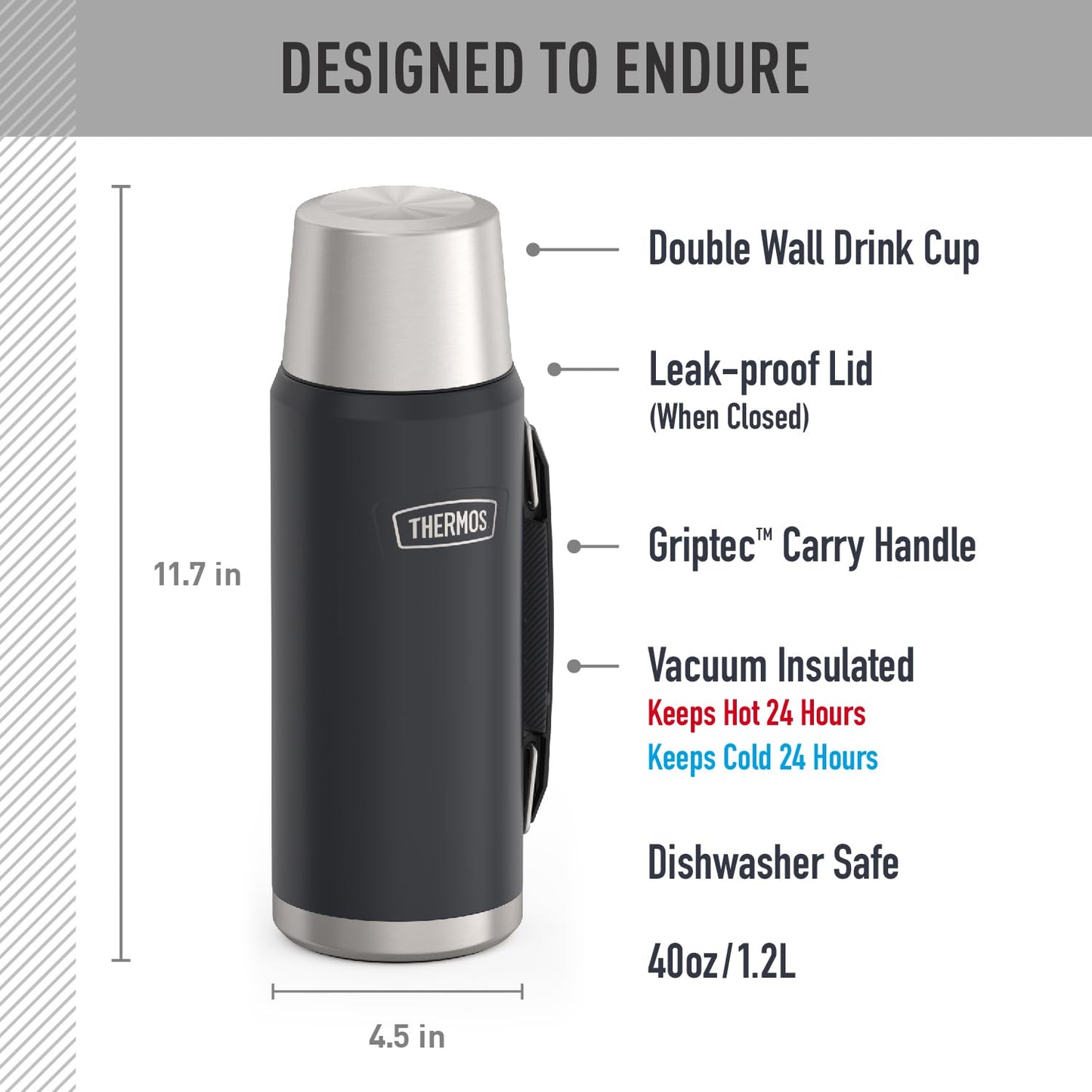 THERMOS, ICON Series, Stainless Steel Beverage Bottle, Granite, 1.2 L Thermos