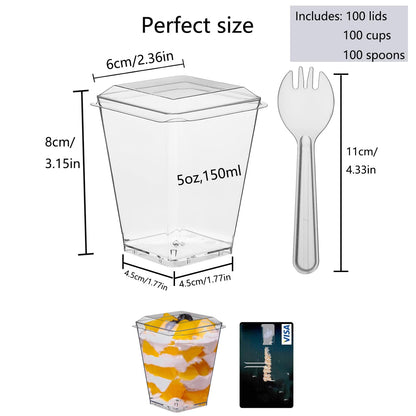 Toowood 100pcs Clear Dessert Cups with Lids and Spoons, 5.4oz Mini Dessert Cups Reusable Square Parfait Cup for Party Appertizer, Christmas 🍁 All In One Marketplace Canada