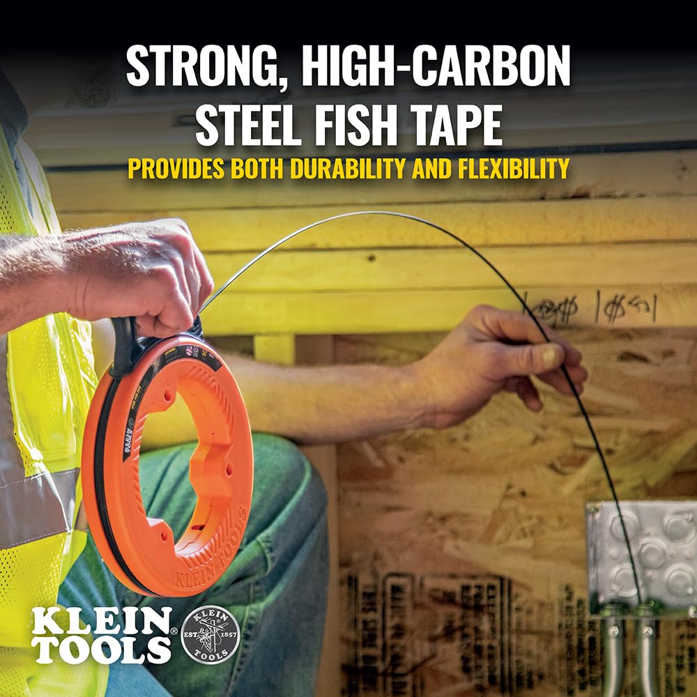 Klein Tools 56331 50-Foot Electrical Fish Tape, Steel Wire Puller with Double Loop Tip, Optimized Housing and Handle, 1/8-Inch,Orange/Black KLEIN TOOLS