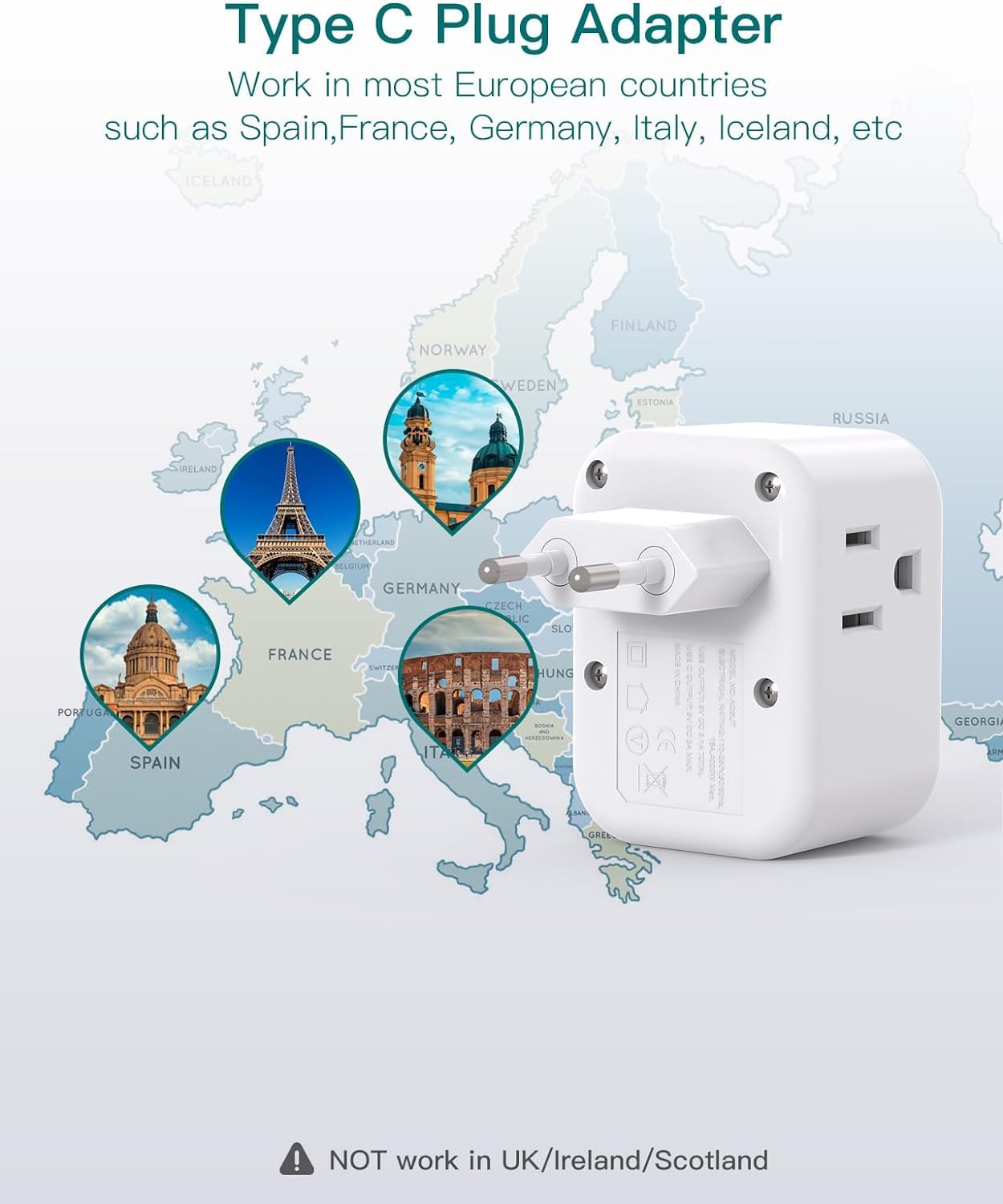 [2 Pack] European Travel Plug Adapter, International Power Plug Adapter with 3 Outlets 3 USB Charging Ports(2 USB C), Travel Essentials to Italy,Greece,Israel,France, Spain (Type C)