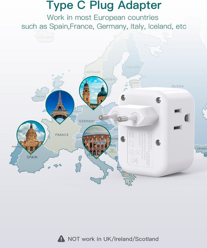 [2 Pack] European Travel Plug Adapter, International Power Plug Adapter with 3 Outlets 3 USB Charging Ports(2 USB C), Travel Essentials to Italy,Greece,Israel,France, Spain (Type C)