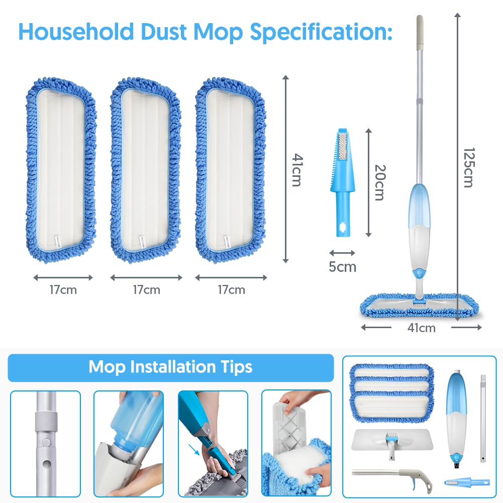 Tina&Tony Microfiber Spray Mop for Floor Cleaning, Hardwood Floor Spray Dry Wet Mop with 3 Reusable Refills Pads & 435ML Refillable Bottle, Kitchen Dust Mop for Hardwood Laminate Tile Floors, Blue - Available at All In One Marketplace Canada