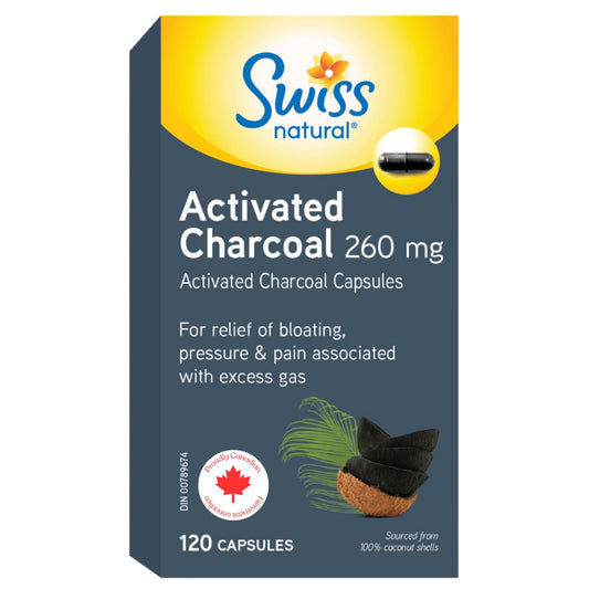 Swiss Natural Activated Charcoal, 260mg | Relief for Bloating, Gas & Digestive Discomfort | 100% Coconut Shell Sourced | No Dairy, Gluten, or Preservatives | 120 Capsules - Available at All In One Marketplace Canada