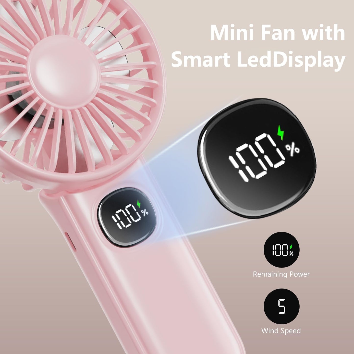 Xigmer Portable Fan, Handheld Fans 2-Pack, Mini Fan 5 Adjustable Speeds with Lanyard, Rechargeable Fans 180° Foldable for Makeup,Travel -Pink & Purple