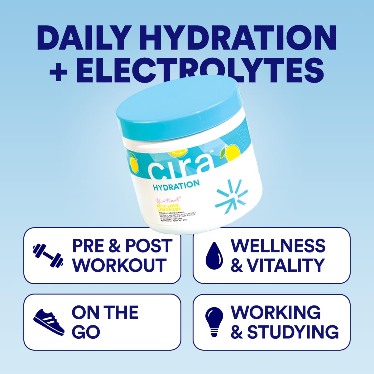 Cira Hydration Electrolytes Powder - Cira x Alicia McCarvell’s Daily Electrolyte Powder, Sugar Free w Himalayan Salt, Magnesium, & Potassium for Dehydration Relief - Self-Love Lemonade, 45 Servings