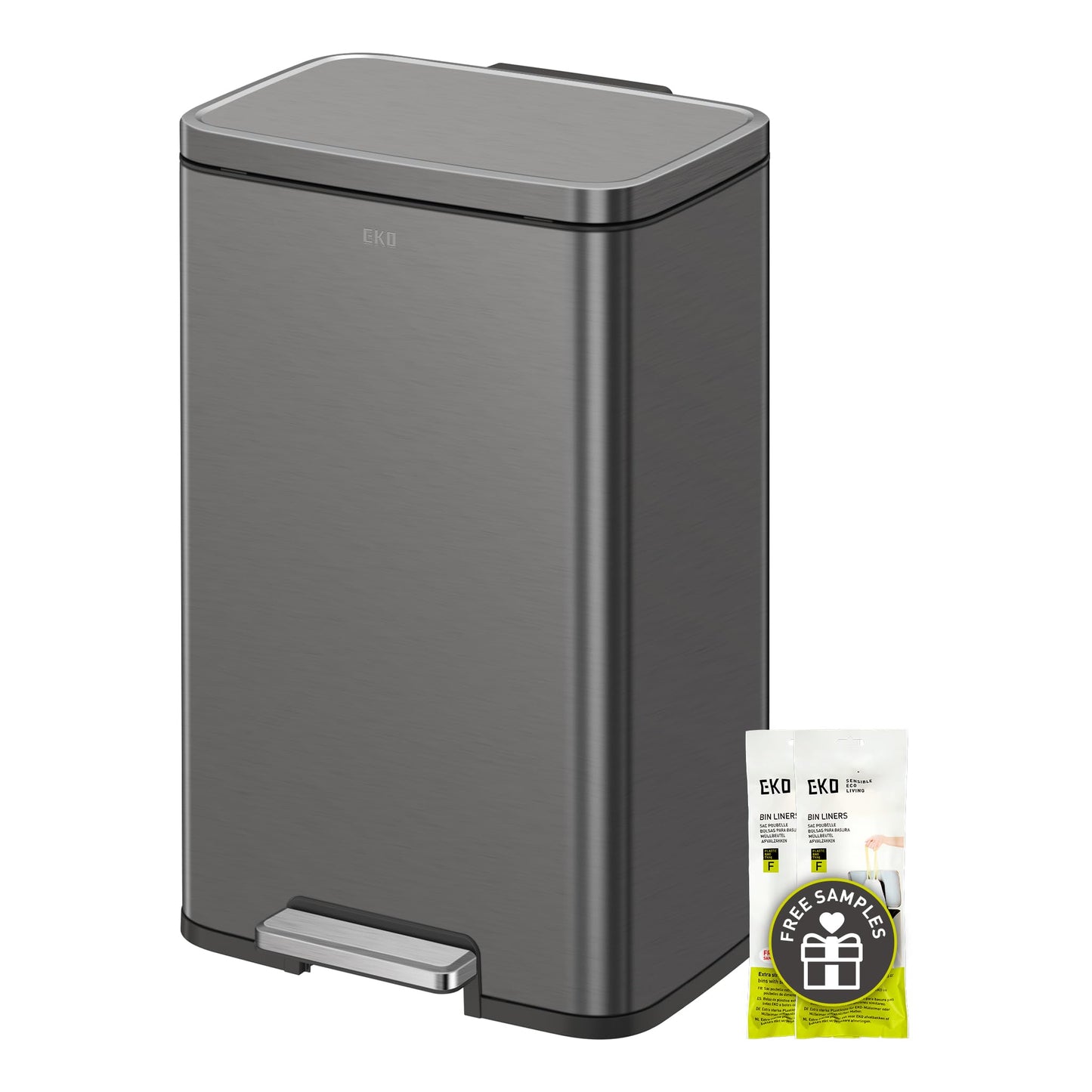 EKO Madison Gunmetal Steel 50 Liter/13.2 Gallon Step Trash Can with Inner Liner - Fingerprint Resistant Finish EKO