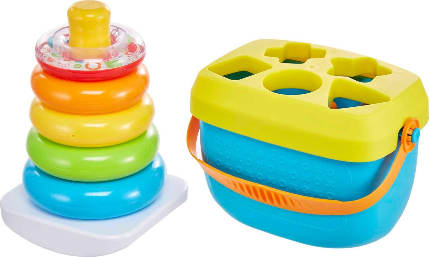 Fisher-Price Baby’s First Blocks & Rock-a-Stack Toy Set, Bucket of 10 Shapes & Ring Stacking Activity for Developmental Play Ages 6+ Months Fisher-Price