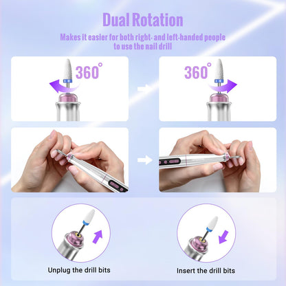 Denabuty Cordless Electric Nail Drill Machine, 13 in 1 Nail File Kit 35000RPM Professional Portable Rechargeable E File for Acrylic Polish Gel Removal Manicure Pedicure Set with 5 Speeds DN-2402 - Available at All In One Marketplace Canada