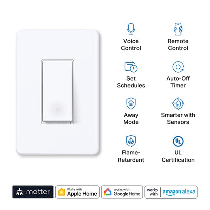 TP-Link Tapo Smart Light Switch, Matter Compatible, Single Pole, Neutral Wire Required, Voice Control w/Siri, Alexa & Google Home, UL Certified, Timer & Schedule, Guided Install, Tapo S505(2-Pack) Tapo