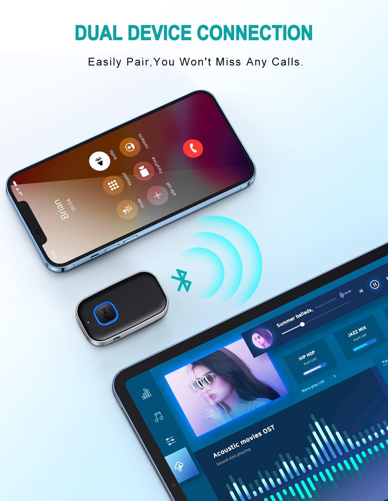 WOCBUY Bluetooth Car Adapter, 3.5mm AUX Bluetooth Receiver for Music Streaming, Wireless Music Audio Adapter with Built-in Mic, Home Stereo, Speakers (Handsfree Car Kits, 16H Playtime, Dual Link) - Available at All In One Marketplace Canada