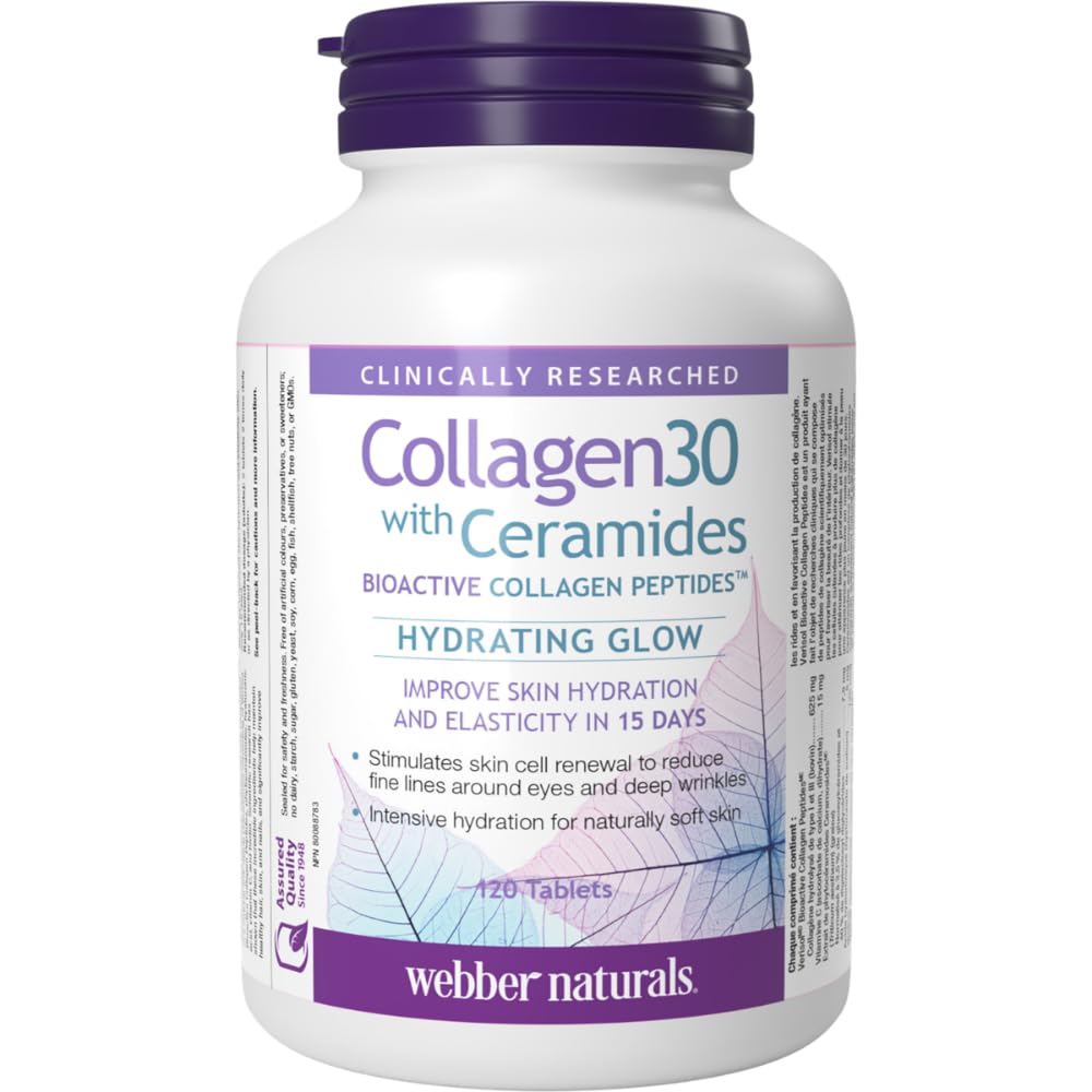 Webber Naturals Collagen30 with Ceramides, Bioactive Collagen Peptides, 120 Tablets, Hydrating Glow, Helps Improve Skin Hydration, Elasticity & Smoothness - Available at All In One Marketplace Canada