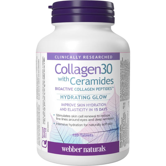 Webber Naturals Collagen30 with Ceramides, Bioactive Collagen Peptides, 120 Tablets, Hydrating Glow, Helps Improve Skin Hydration, Elasticity & Smoothness - Available at All In One Marketplace Canada