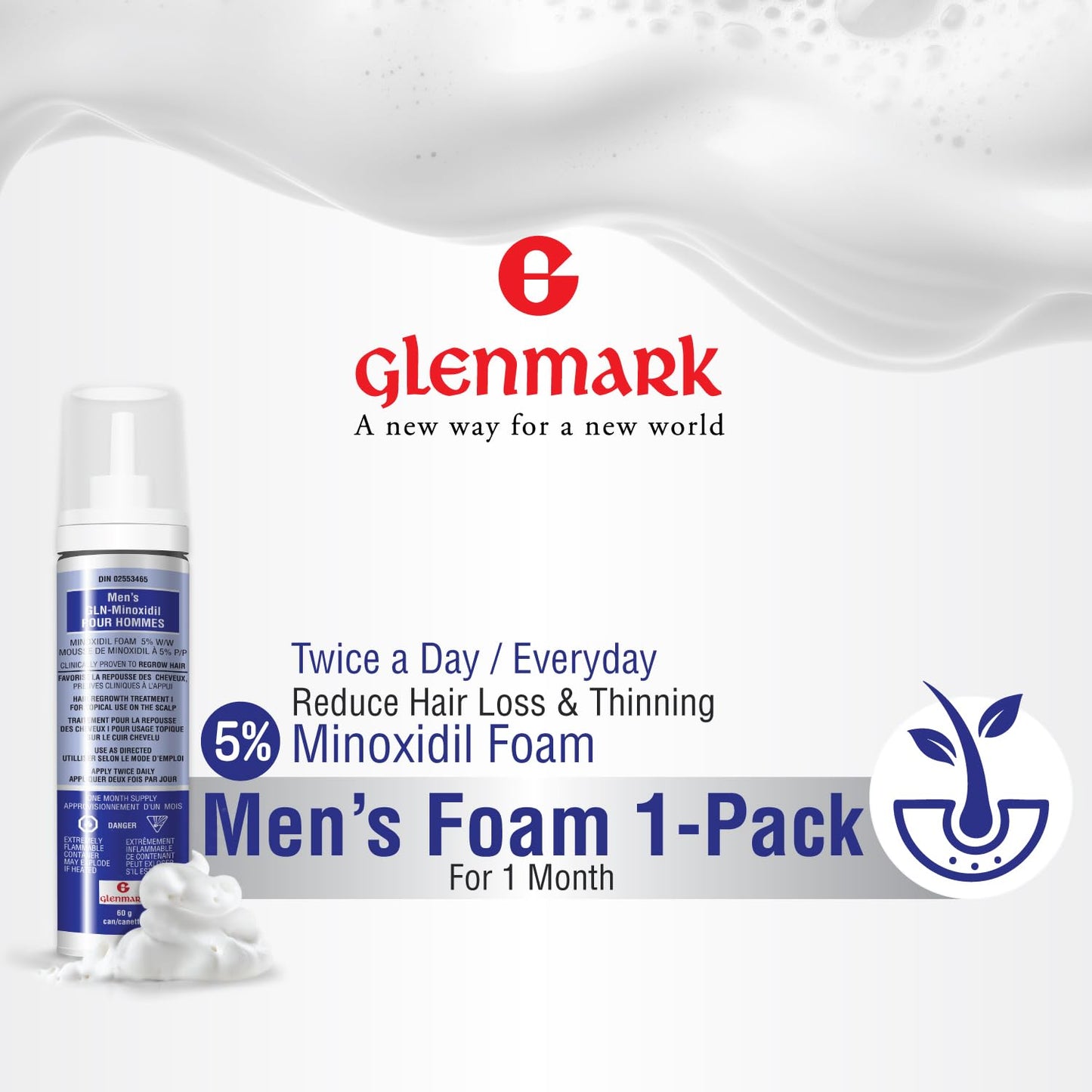 Glenmark | Minoxidil 5% Hair Regrowth Foam for Men, Aerosol Can, 1 Month Treatment (60 gr) – Mess-Free, Fast-Drying Formula for Thinning Hair & Hair Loss – Reactivates Follicles