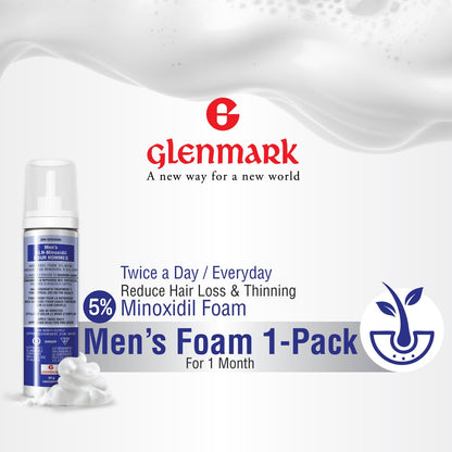 Glenmark | Minoxidil 5% Hair Regrowth Foam for Men, Aerosol Can, 1 Month Treatment (60 gr) – Mess-Free, Fast-Drying Formula for Thinning Hair & Hair Loss – Reactivates Follicles