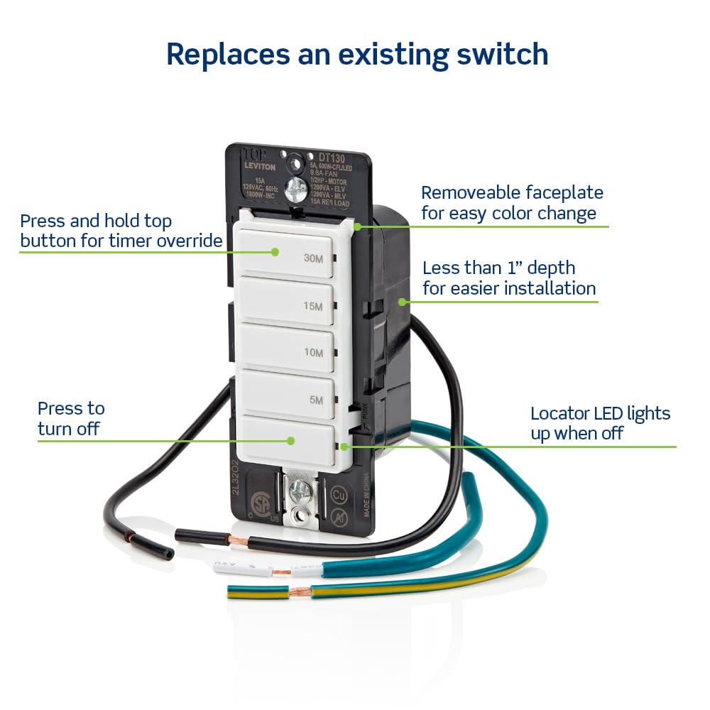 Leviton Countdown Timer Switch, 5-10-15-30 min, No Neutral Required, Single Pole, 15A, 1/2HP/9.8A Fan/Motor, DT130-1LW, White 🍁 All In One Marketplace Canada