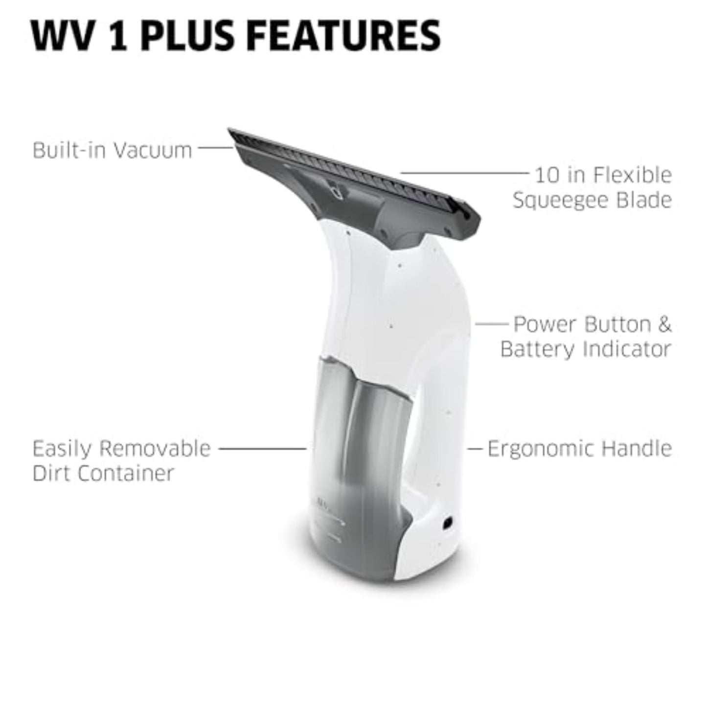 Kärcher WV1 Plus - 2-in-1 Electric Window Vacuum Squeegee - Cleans Showers, Mirrors, Glass, and Countertops - 10 in. Squeegee Blade - White - Available at All In One Marketplace Canada