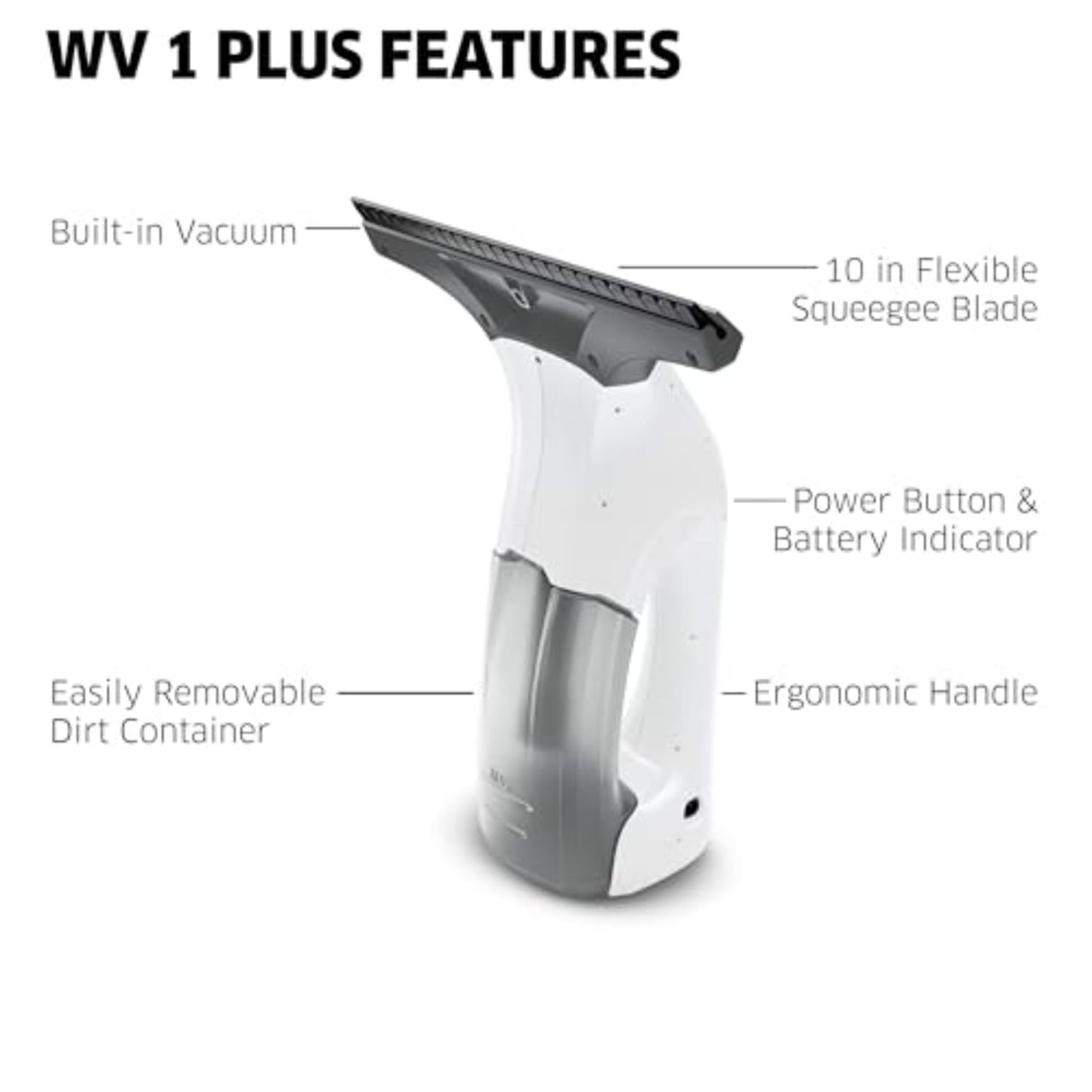 Kärcher WV1 Plus - 2-in-1 Electric Window Vacuum Squeegee - Cleans Showers, Mirrors, Glass, and Countertops - 10 in. Squeegee Blade - White - Available at All In One Marketplace Canada