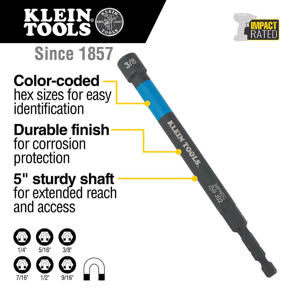 Klein Tools 32930 Magnetic Impact Nut Setter Set, 6-Piece Color Coded Power Nut Driver with Extended Reach, 6 Sizes