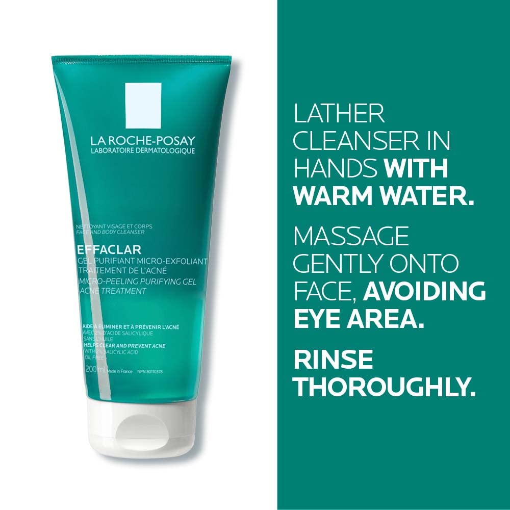 La Roche Posay Effaclar Micro-Peeling Purifying Gel Cleanser Acne Treatment. 2% salicylic acid face & body wash with niacinamide. Unclogs pores, exfoliates, acne marks. Oil-free, sensitive skin, 200ML - Available at All In One Marketplace Canada