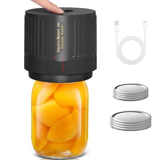 Electric Mason Jar Vacuum Sealer Kit, Portable Vacuum Sealer for Regular and Wide Mason Jars, Food Storage and Fermentation, Deep Black - Available at All In One Marketplace Canada