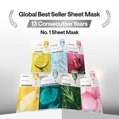 MEDIHEAL Madecassoside Essential Face Mask - Korean Skincare, Blemish Repair with Hyaluronic Acid, Moisture Barrier & Skin Texture Care for Women, Vegan Formula (10 Sheets)